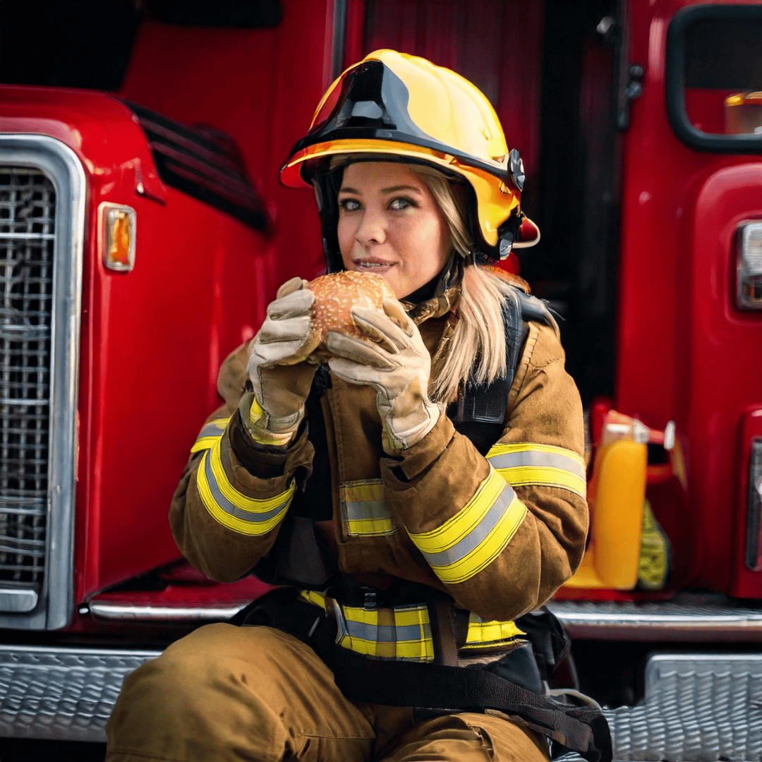 Female Firefighter eating a burger Female Firefighter eating a burger