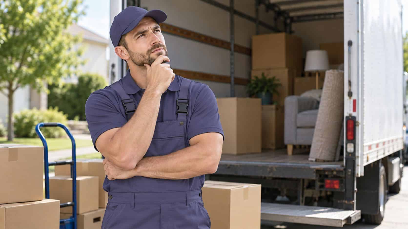 Mover in a cap standing beside stacked boxes in a moving truck