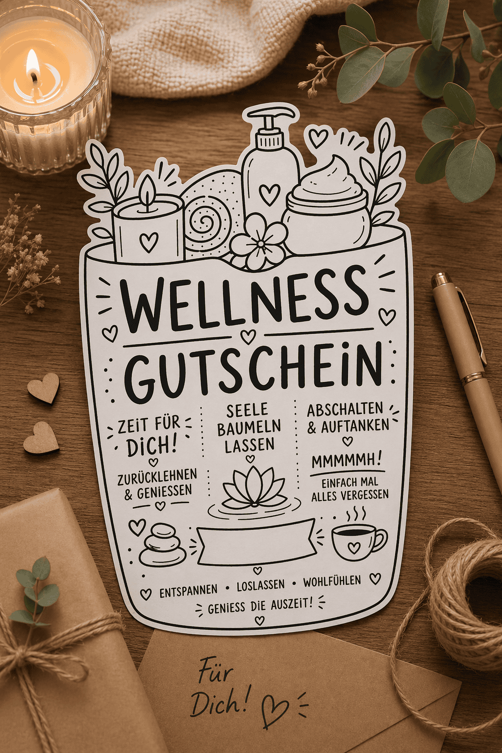 Wellness-Gutschein auf cleanem weißen Druckerpapier, mega schön!