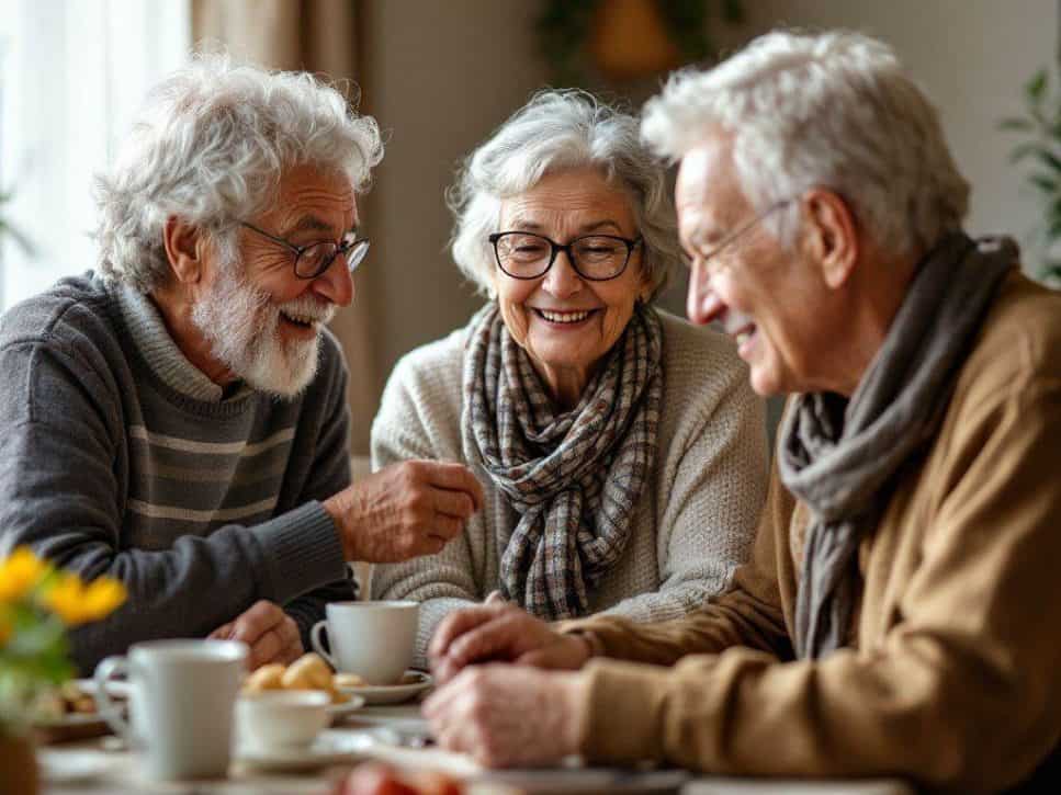 emotional-social-support-in-aging-senior-care Three smiling seniors enjoying coffee together, representing emotional and social support provided through senior care and companionship
