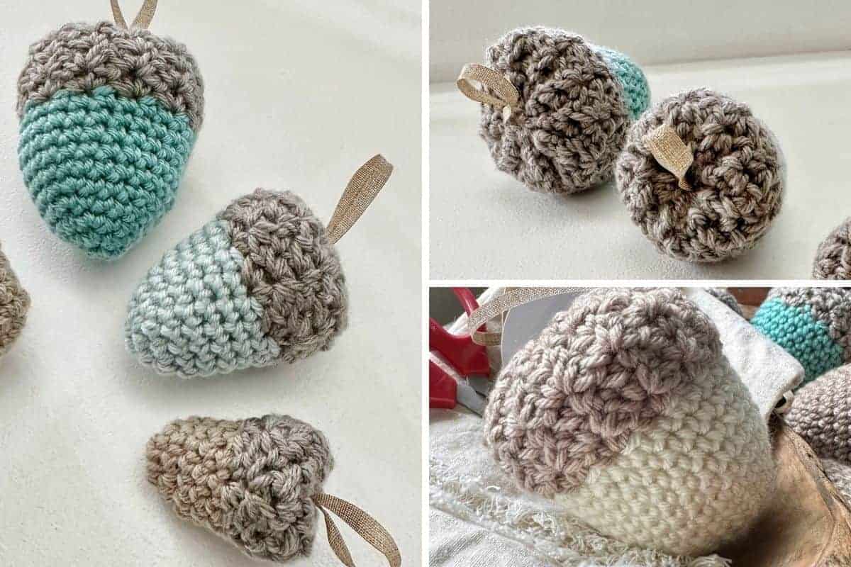 Four crocheted acorns in beige, brown, and light blue yarn with looped ribbons are arranged on a white surface; text notes they are ideal for beginner crochet projects or free pattern use. Free crochet pattern