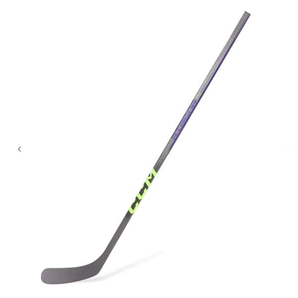 The CCM Ribcore Youth 30flex 48" hockey stick with a curved blade is displayed upright against a white background.