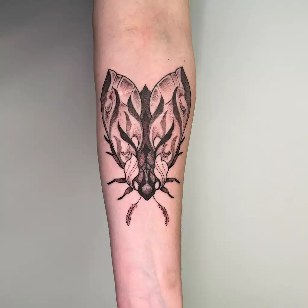 Dotwork Tattoo einer Motte auf dem Unterarm