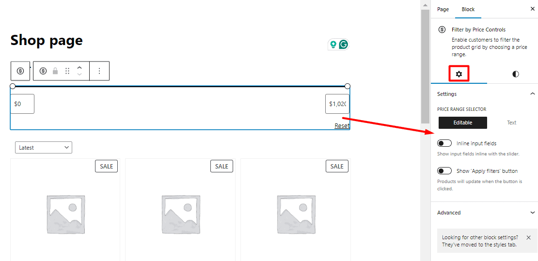 Configure price slider block settings in WooCommerce shop page