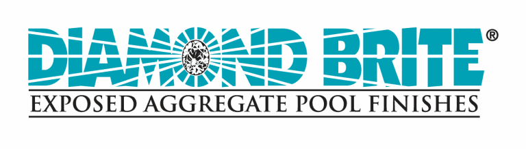 Diamond Brite logo with blue fragmented text and a circular emblem above the phrase "Exposed Aggregate Pool Finishes" in black capital letters.