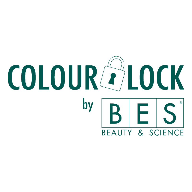 Logo with the text "COLOUR LOCK by BES BEAUTY & SCIENCE" featuring a padlock icon replacing the "U" in "LOCK.