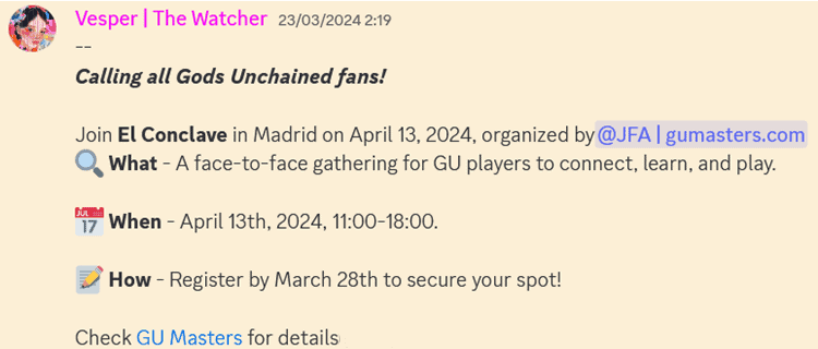 El Conclave - 2024-04 - Publicación de Vesper en el Discord oficial de Gods Unchained