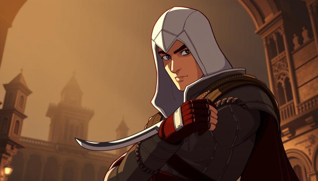 A skillful and charismatic Italian assassin, Ezio Auditore, stands tall in a dimly lit Renaissance-era setting. His face is partially obscured by a distinctive white hood, his piercing gaze conveying a mixture of determination and mystery. Clad in a fitted leather armor, Ezio's lithe frame hints at his remarkable agility and combat prowess. In his gloved hands, he grips a deadly curved hidden blade, ready to strike with precision and deadly efficiency. The scene is bathed in a warm, golden light, creating a sense of depth and atmosphere. In the background, the intricate architecture of a medieval Italian city provides a fitting backdrop for this legendary assassin, capturing the essence of his storied exploits. A skillful and charismatic Italian assassin, Ezio Auditore, stands tall in a dimly lit Renaissance-era setting. His face is partially obscured by a distinctive white hood, his piercing gaze conveying a mixture of determination and mystery. Clad in a fitted leather armor, Ezio's lithe frame hints at his remarkable agility and combat prowess. In his gloved hands, he grips a deadly curved hidden blade, ready to strike with precision and deadly efficiency. The scene is bathed in a warm, golden light, creating a sense of depth and atmosphere. In the background, the intricate architecture of a medieval Italian city provides a fitting backdrop for this legendary assassin, capturing the essence of his storied exploits.