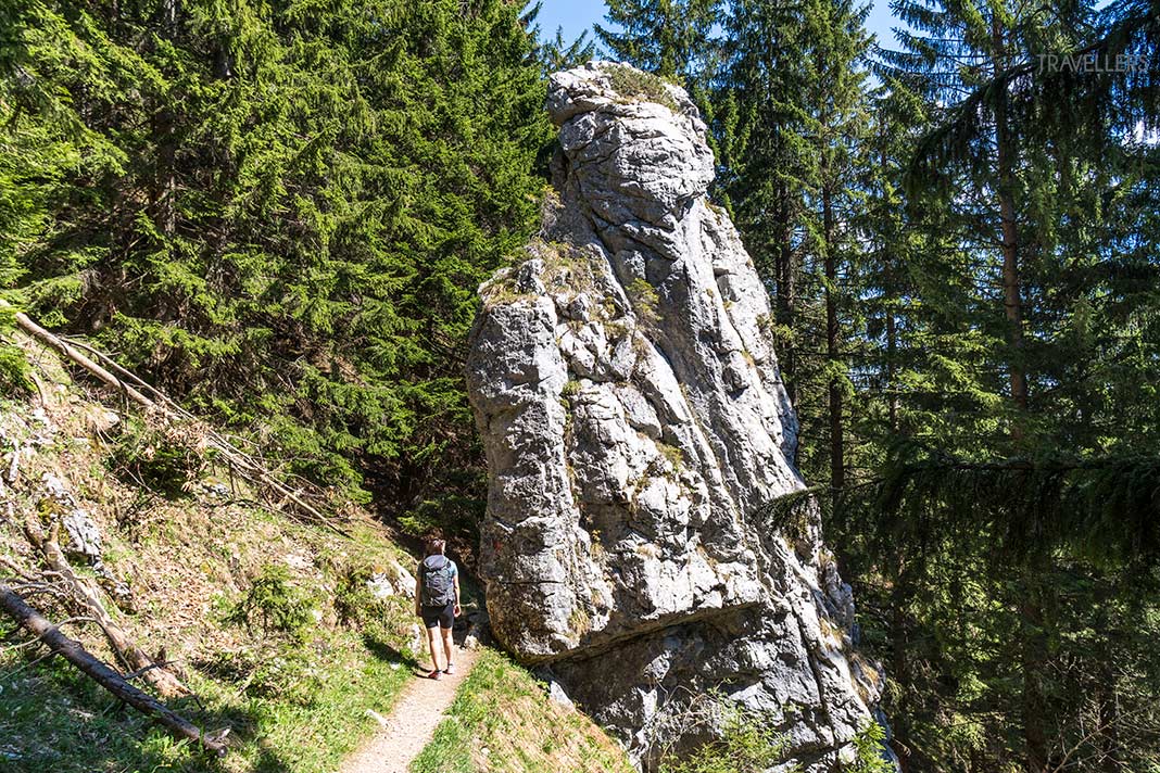 Reisebloggerin Biggi Bauer vor dem Hinkelstein im Bergwald