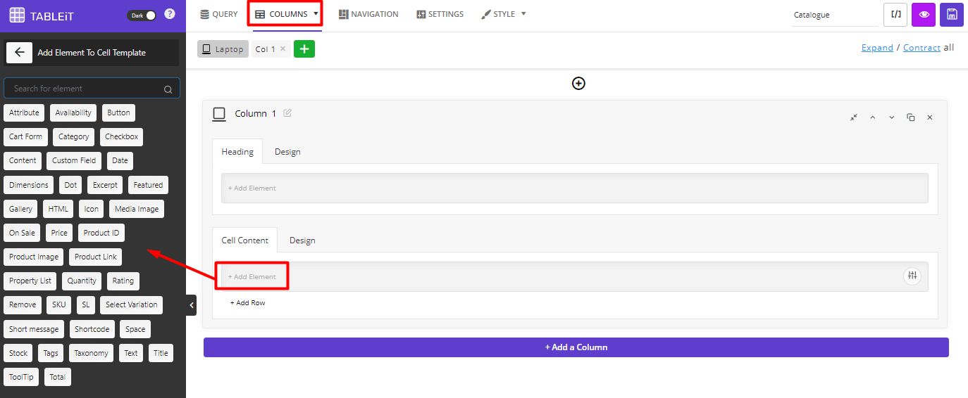 Product table plugin adding columns in table