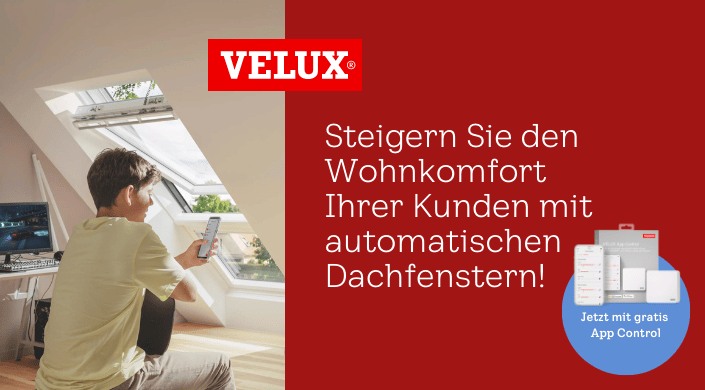 Rotes Werbebanner mit VELUX-Logo und Text: „Steigern Sie Ihren Wohnkomfort mit automatisierten Dachfenstern.“