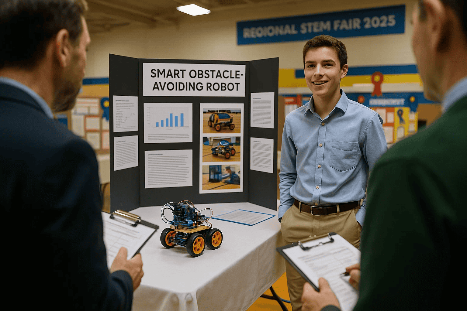 Student presenting robotics science fair project to judges with obstacle avoiding robot demonstration and professional display board
