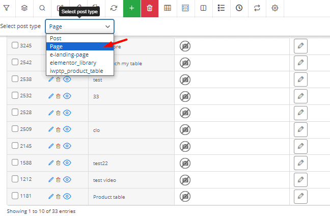 Select page type in in WordPress bulk edit page plugin