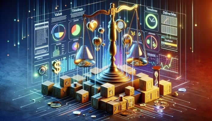 A digital marketing quote with clear headings, bullet points, focusing on value, pricing, timelines, deliverables, fostering trust.