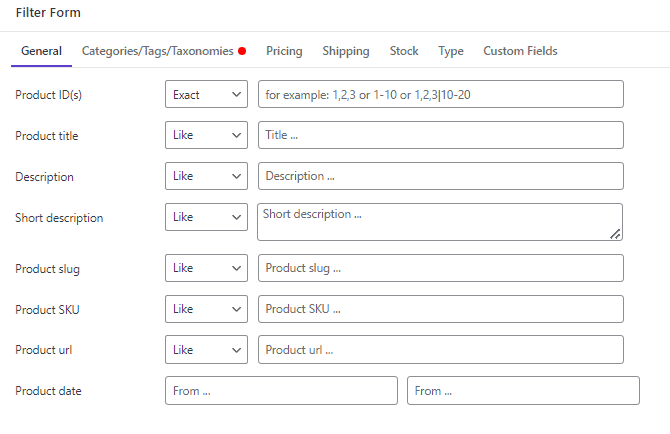 WooCommerce bulk edit filter form