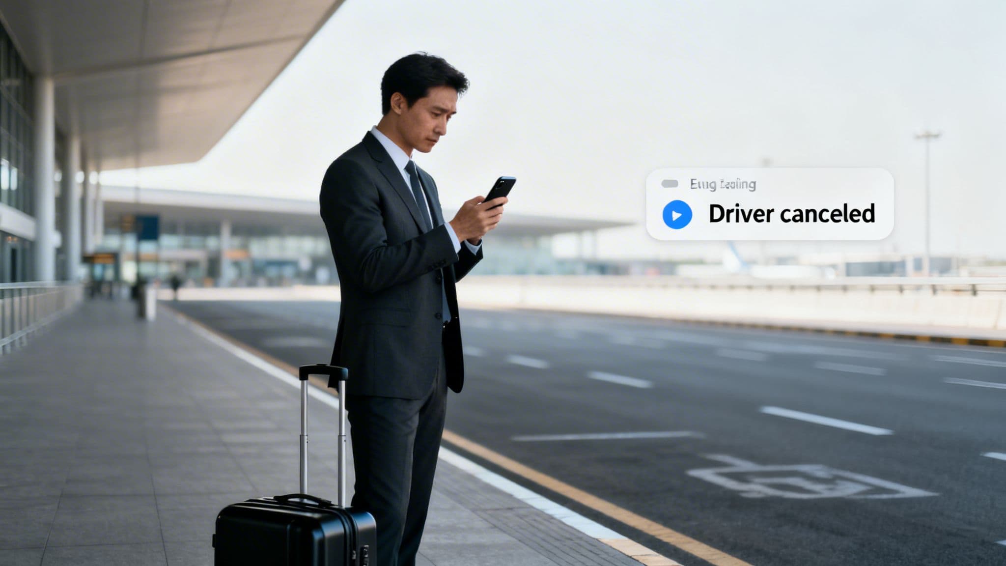 Global Chauffeur Service: 5 Essential Truths for Reliable Travel 1 A businessman at an airport looks at his phone, receiving a 'Driver canceled' notification.