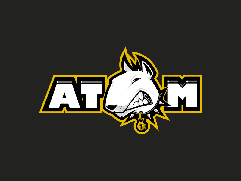Logo Atom Seguridad Logotipo de Atom, con un perro de raza Bull Terrier con expresión agresiva