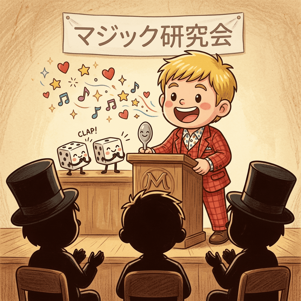 マジシャン流「オンオフ」の3つの新常識!グラデーション思考とアウトプットの驚く力 4 マジック研究会で3分間スピーチに挑戦するマジシャン・コンプレッサーのチビキャラ風イラスト。仲間の前でアウトプットし心の声が溢れ出す場面、擬人化したサイコロが拍手している