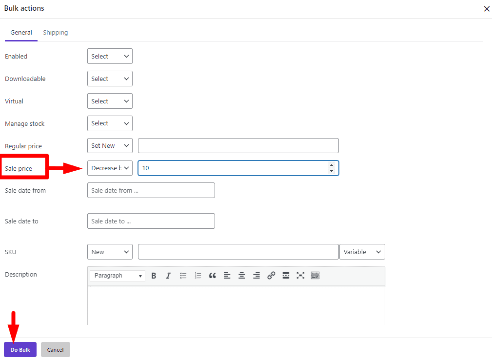 select sale price in Bulk actions form