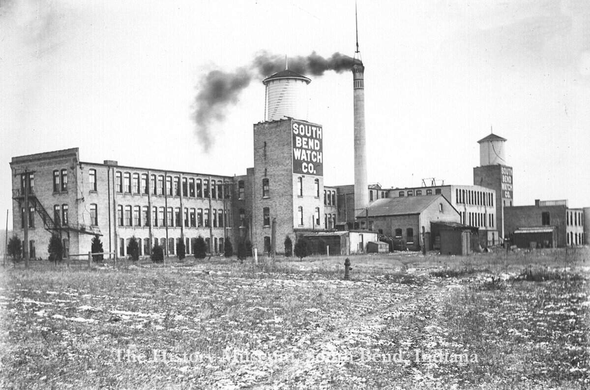 SBWatch_ph9987 South Bend Watch Co. factory in Indiana, early 20th century, black and white historical industrial building image.
