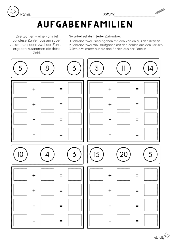 Aufgabenfamilien im Matheunterricht rechnen - die Vorlage mit Vorgaben