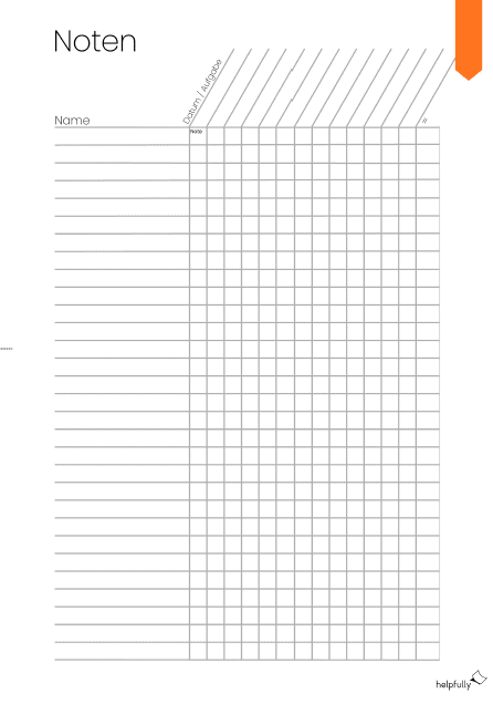 Notenliste für Lehrer für Fachfarbe Orange zum Ausdrucken
