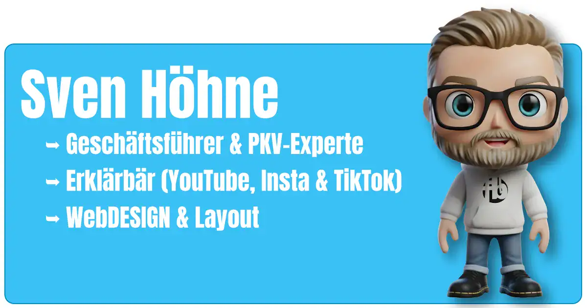 Maskottchen von Sven Höhne, Geschäftsführer und PKV-Experte von fairbeamtet.de, als Figur vor blauem Hintergrund mit großem Namensschriftzug. Sven ist außerdem der Erklärbär von fairbeamtet und erstellt tolle YouTube, Instagram und TikTok Erklärvideos, sowie Webdesigner und Content-Creator für die Webseite von fairbeamtet.