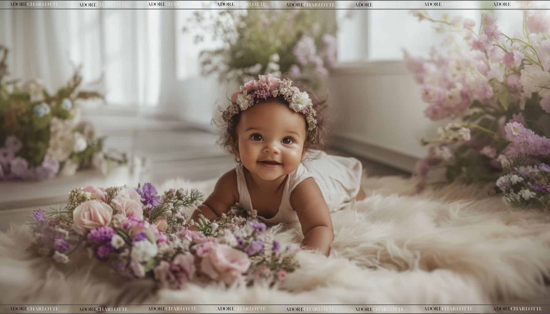 Home Easter Baby Photoshoot Cute baby surrounded by spring flowers.