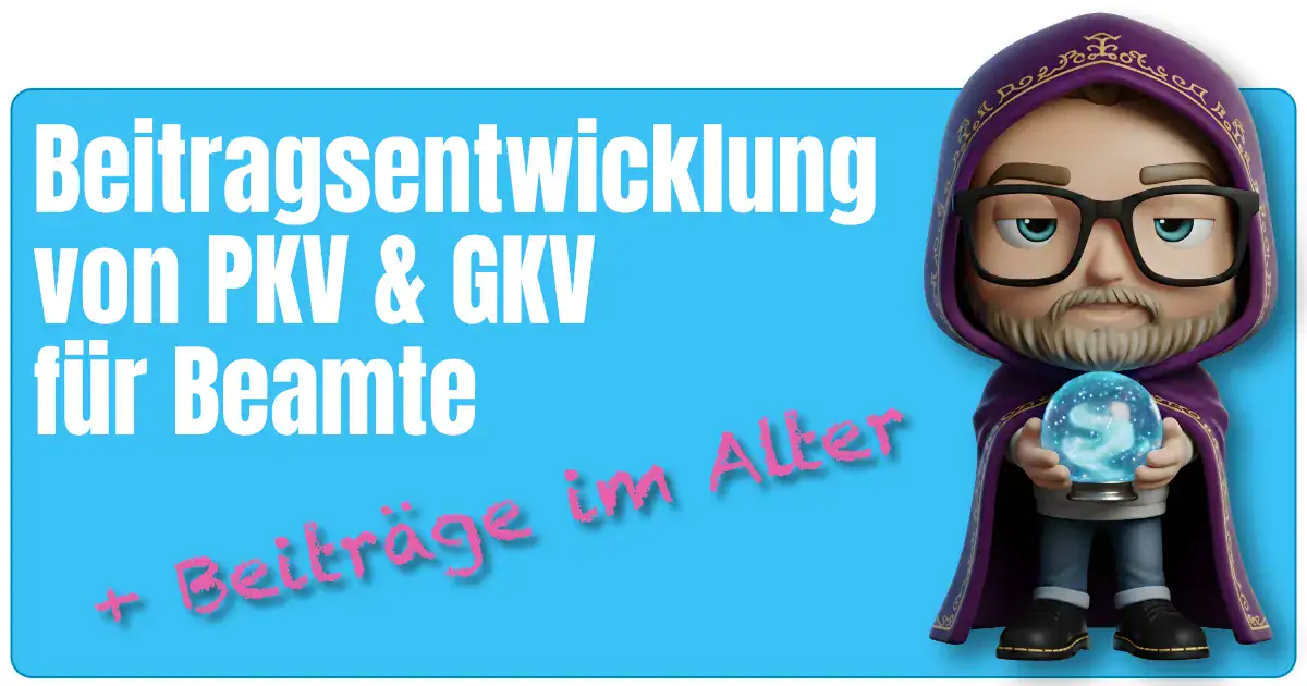 Das Maskottchen von Sven Höhne (fairbeamtet.de) steht in einem lila Zauberumhang (Wahrsager) und hält eine leuchtende Glaskugel in den Händen. Im Hintergrund ist ein blauer Kasten. In weißer Schrift steht darin: Beitragsentwicklung von PKV und GKV für Beamte. Darunter in pinker Schrift: Plus Beiträge im Alter.