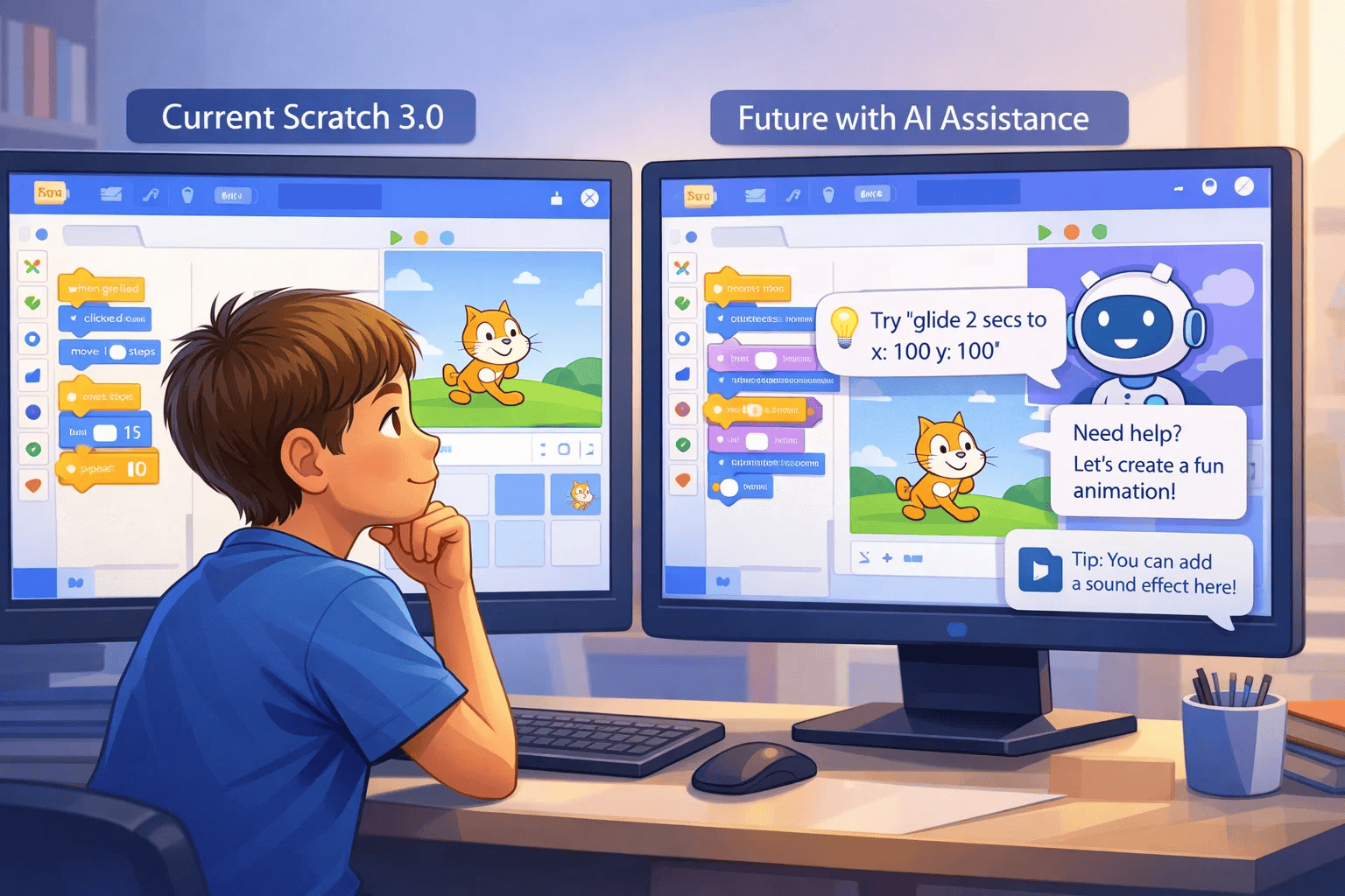 A modern, professional illustration showing a computer screen displaying the current Scratch 3.0 interface on one side and a conceptual, futuristic version with subtle AI assistance elements on the other side. The image should show a young student (around 10 years old) looking thoughtfully at both screens. The AI enhanced version should have gentle, non intrusive helper elements like a friendly chat bubble or suggestion box, emphasizing support rather than replacement. Warm, educational atmosphere with soft blues and purples matching Scratch's color scheme. Clean, professional digital illustration style, inspiring and forward looking but grounded.