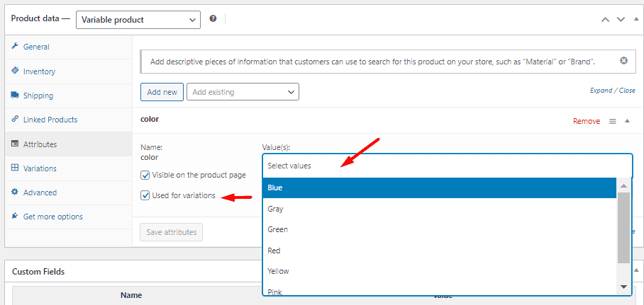 select color attributes values and mark used for variations option