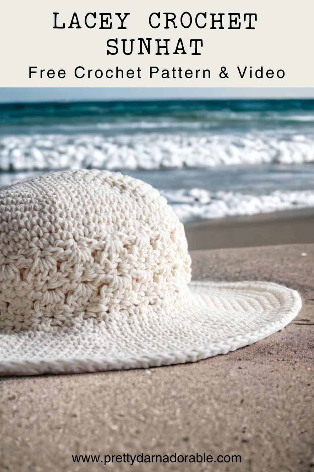 cream crochet sun hat with a wide brim and lacey texture