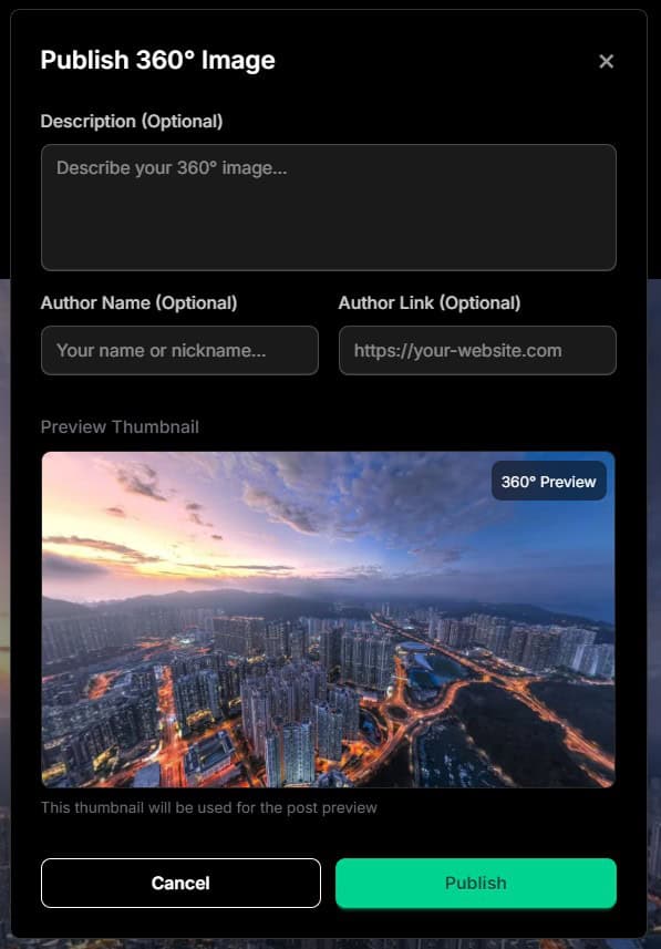 The Ultimate Guide to Viewing 360 Panoramas Online (No App Required) 4 Step 3.1 - The interface displaying the 'Publish' button to generate a shareable link.