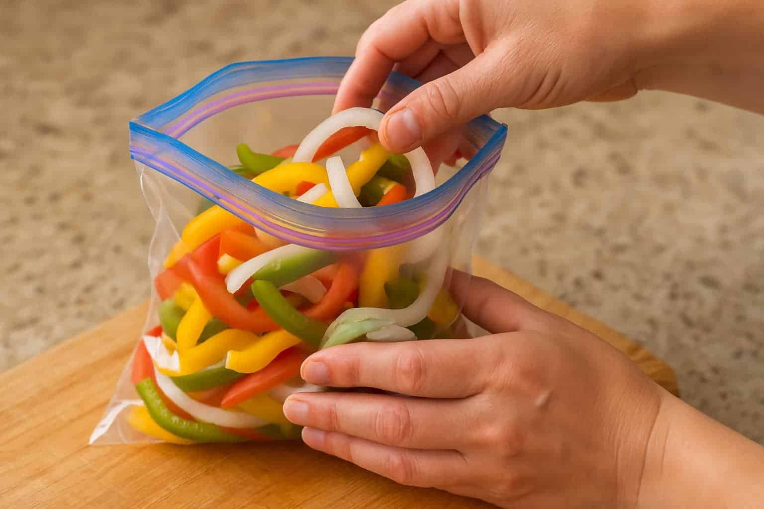 a bag of vegetables on a cutting board