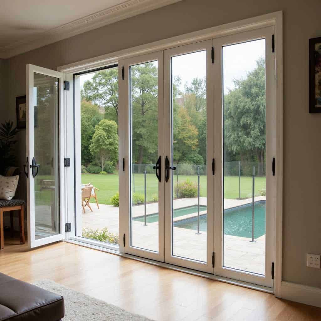 Patio Door with one side open, showing a swimming pool and a garden outside the house.