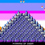 Pyramide de monstres avec style rétro dans un jeu vidéo pixel art, paysage coloré avec soleil et crustacé, ambiance de jeu d'arcade sur Air-Gaming.