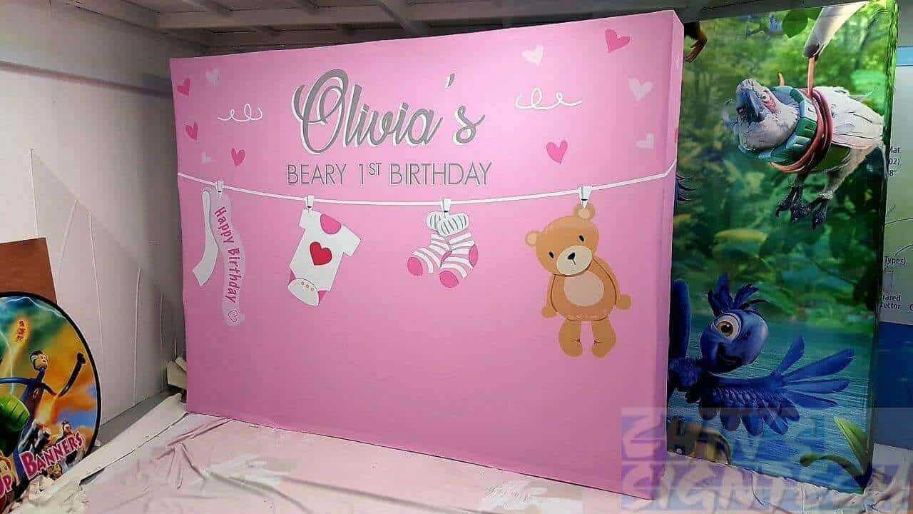 3 x 2.25m Fabric Pop up display for Birthday with Teddy bear design
