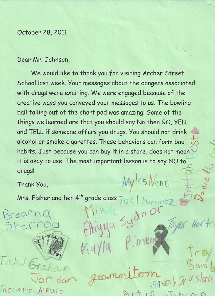 testimonial letter for primary elementary and middle school assembly performer Cris Johnson