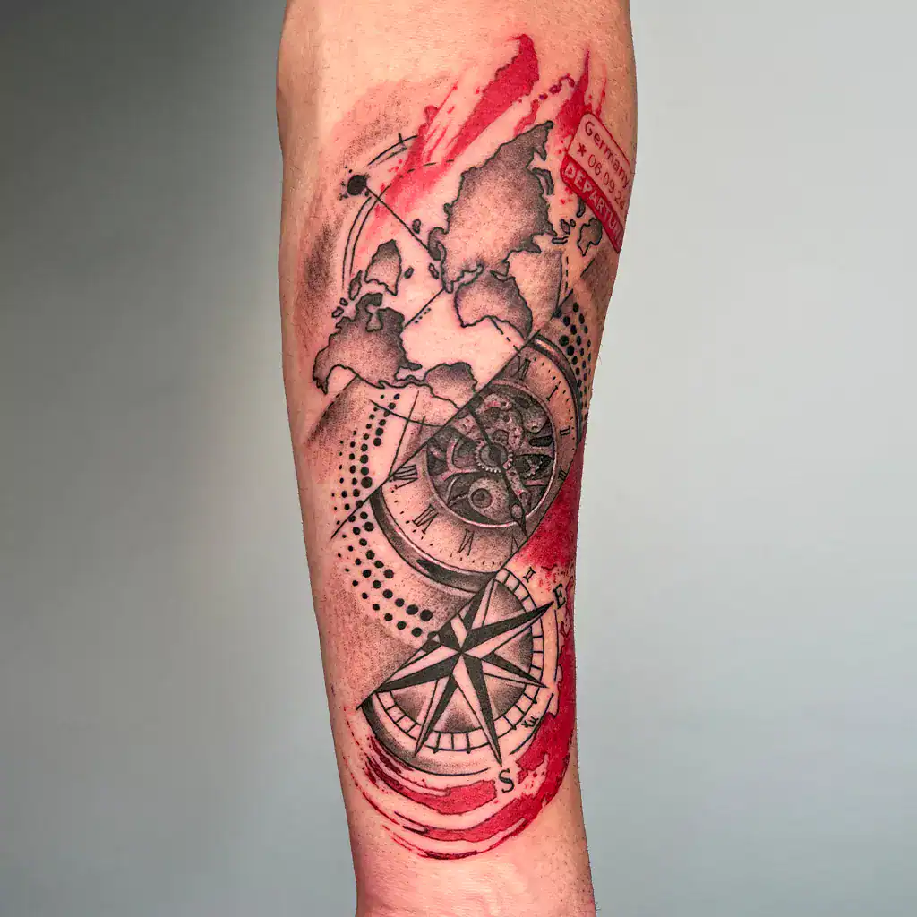 trash tattoo Reiseerinnerung mit Kompass und Weltkarte