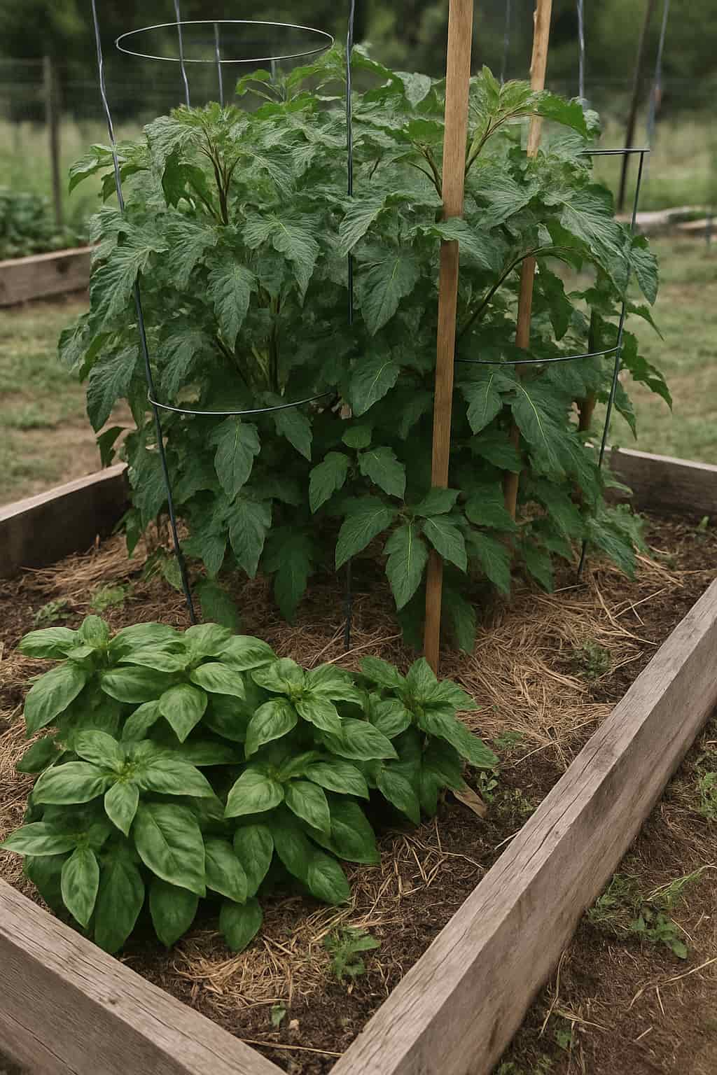 A raised garden bed containing a large tomato plant supported by cages and stakes, with basil—a popular companion plant for tomatoes—growing in front. The soil is covered with straw mulch.