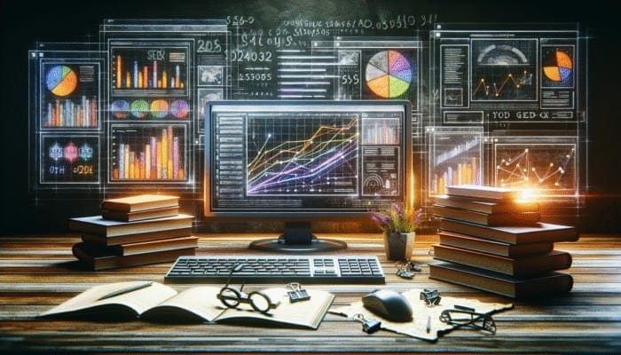 Use Competitor Backlink Analysis for Strategy: A digital workspace with screens showing backlink analysis graphs, SEO books, and notes.