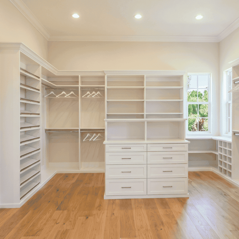 Custom walk-in closet system in a new construction Port Charlotte home with white shelving and hanging rods