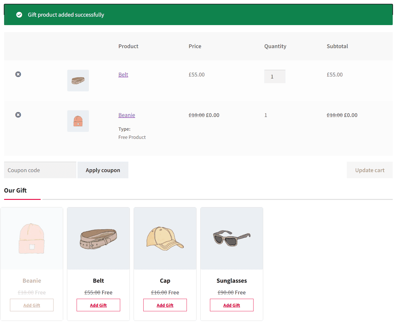 Offer free gifts in cart page as grid view