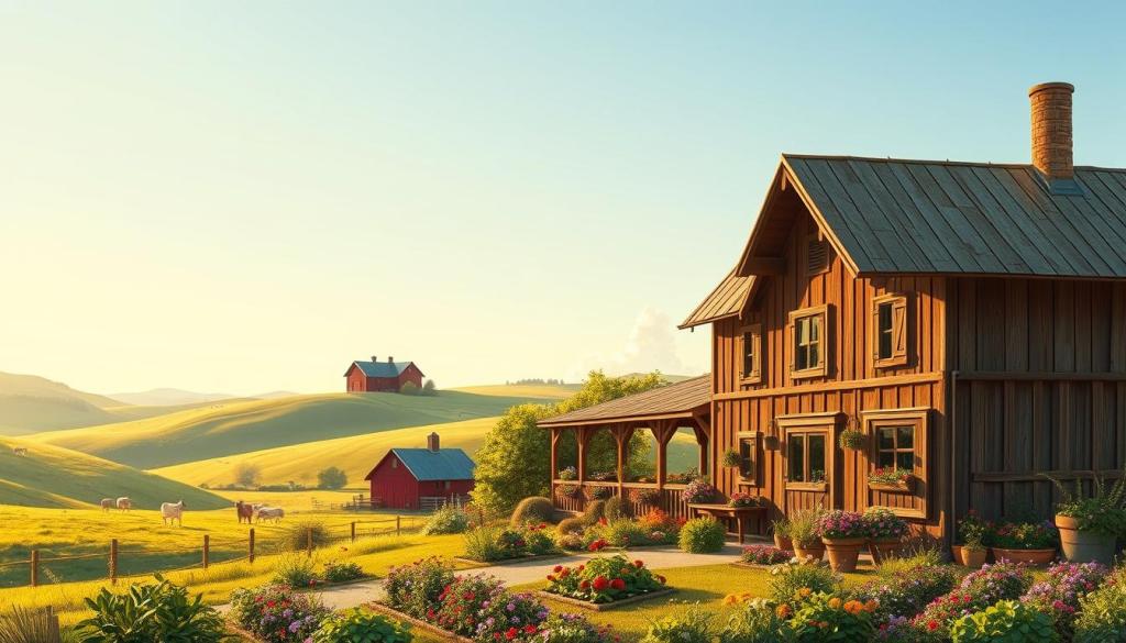 An idyllic farmhouse nestled amidst rolling hills, its weathered, wooden exterior bathed in warm, golden sunlight. In the foreground, a well-tended garden bursting with vibrant flowers and lush vegetables. A picturesque red barn stands tall in the middle distance, its iconic silhouette framed by a vast, open sky. Gentle, rolling meadows stretch out to the horizon, dotted with grazing livestock. The scene exudes a sense of tranquility and a connection to the rhythms of nature, inviting the viewer to imagine a life of peaceful, rural contentment. An idyllic farmhouse nestled amidst rolling hills, its weathered, wooden exterior bathed in warm, golden sunlight. In the foreground, a well-tended garden bursting with vibrant flowers and lush vegetables. A picturesque red barn stands tall in the middle distance, its iconic silhouette framed by a vast, open sky. Gentle, rolling meadows stretch out to the horizon, dotted with grazing livestock. The scene exudes a sense of tranquility and a connection to the rhythms of nature, inviting the viewer to imagine a life of peaceful, rural contentment.