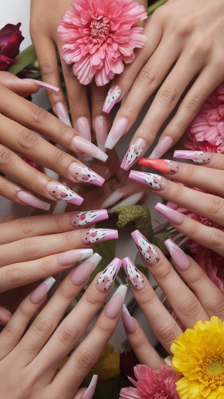 Close-up of various manicured nails featuring cute bunny designs and floral patterns, surrounded by colorful flowers.
