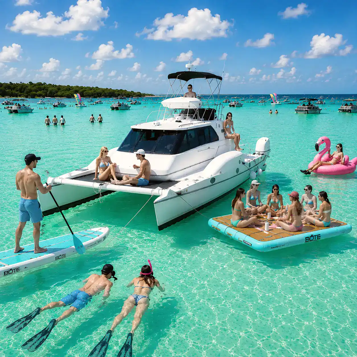 people surrounding a white catamaran at Crab Island. They are swimming, snorkeling, lounging on floats and using a standup paddelboard