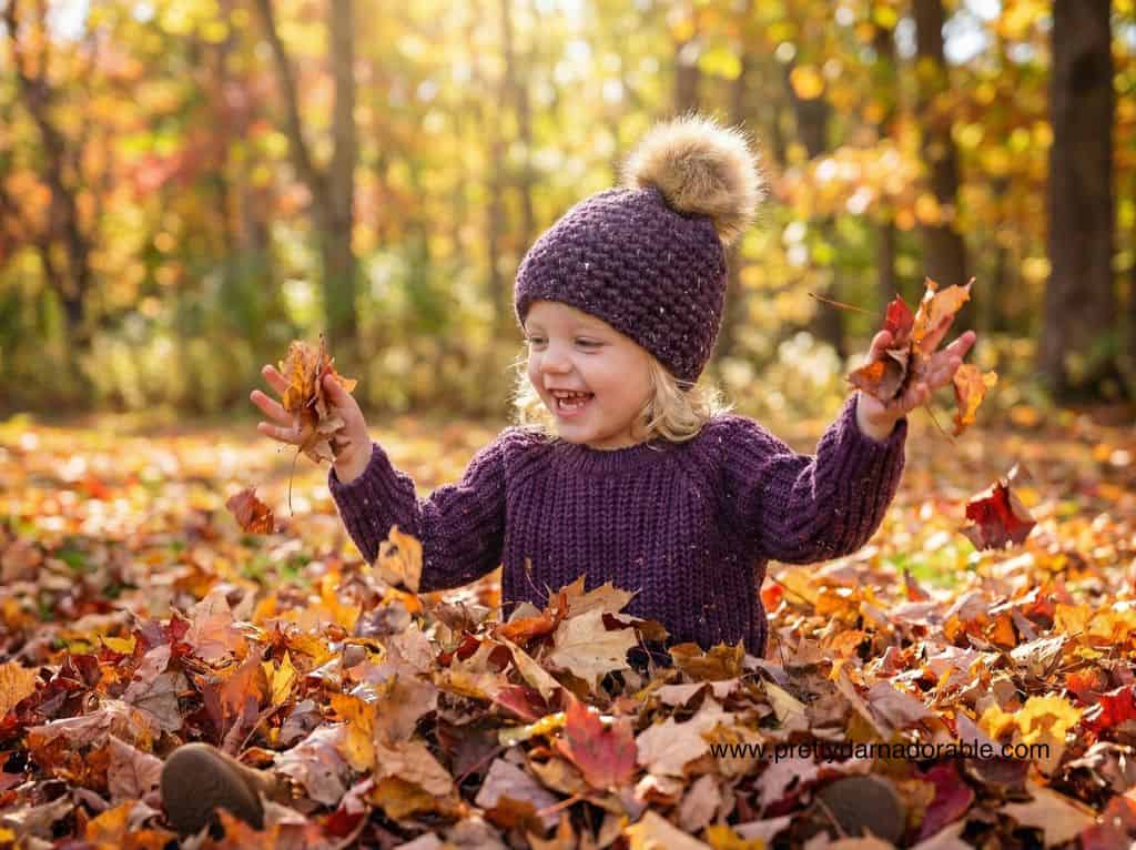 A smiling child in a purple sweater and hat throws autumn leaves in a sunlit forest. No visible text or promotional info. Free crochet pattern
