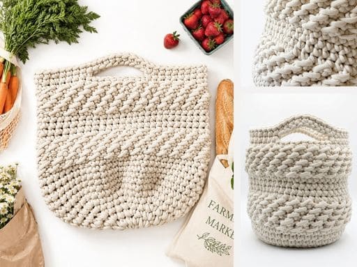 A cream-colored handmade crocheted market bag, inspired by a Free Crochet Basket Pattern, is displayed with fresh carrots, strawberries, flowers, and bread around it; both close-up and upright views highlight the bag’s texture. No visible text or promotional information is present in the image. Free crochet pattern