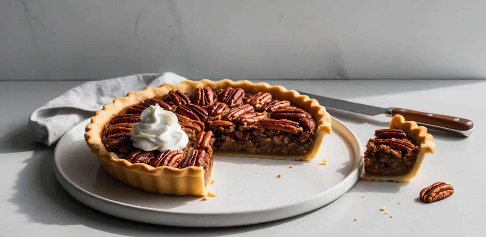 A classic pecan pie with a slice removed on a plate, featuring neatly arranged pecans and a dollop of whipped cream, accompanied by a knife and a cloth on a light surface.