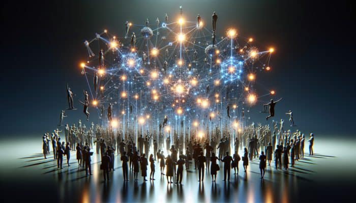 Glowing network of nodes representing high-quality, authoritative branded content attracting backlinks, eagerly shared by industry leaders.